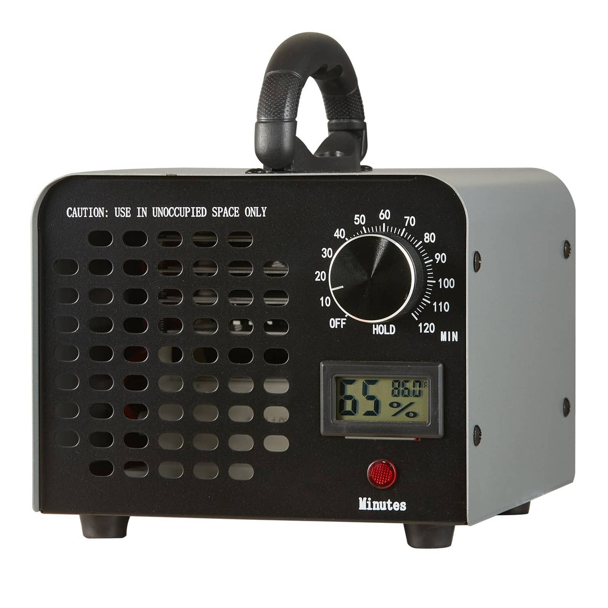 Commercial ozone generator air purifier with black handle, digital display, grille and timer knob.