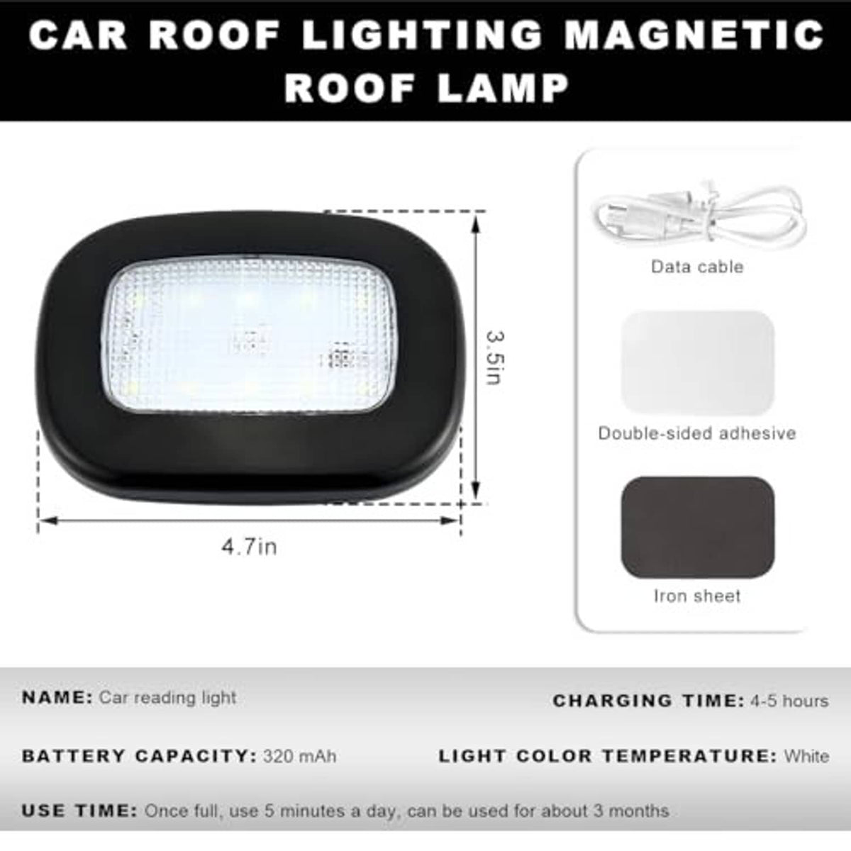 Black magnetic dome LED ceiling light with white lens, plus data cable and adhesive