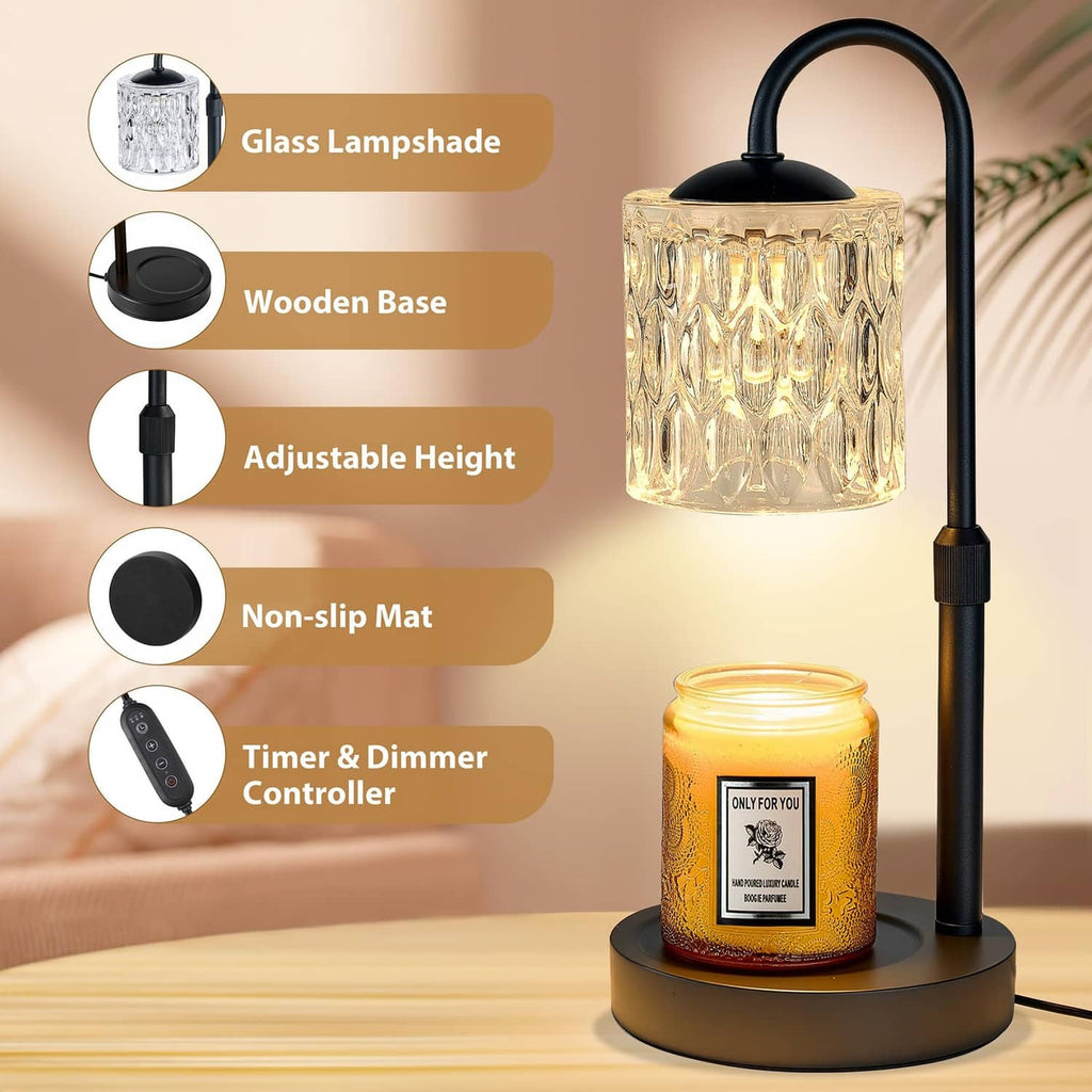 Candle warmer lamp with adjustable height stand, non-slip base, timer and dimmer control