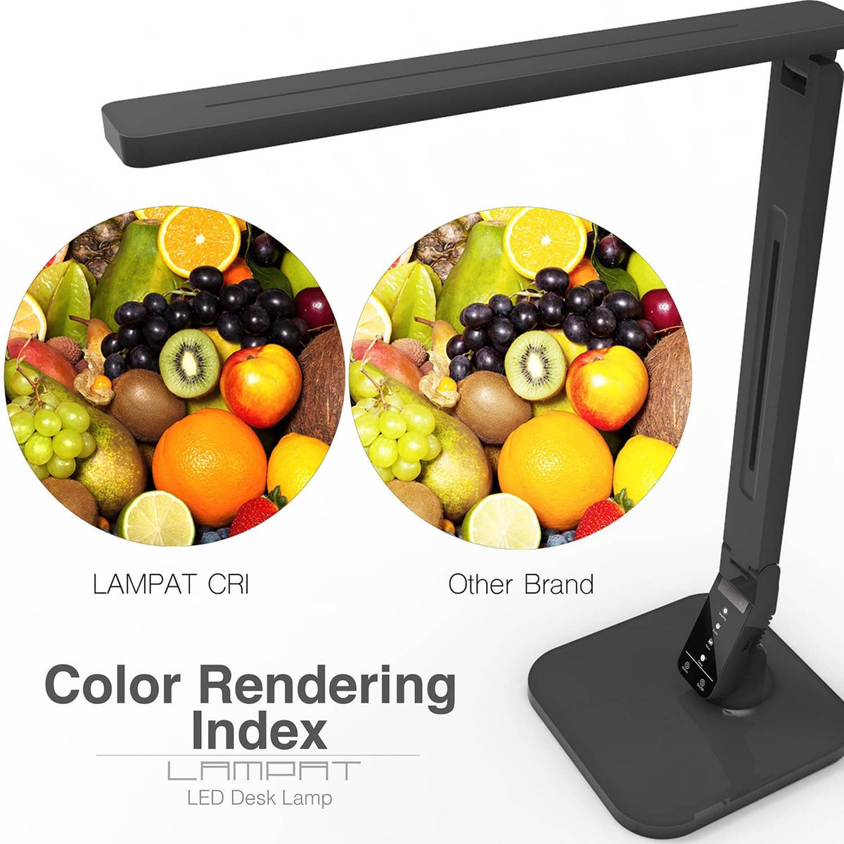 Black LED desk lamp shown at an angle, rectangular light bar and flat base