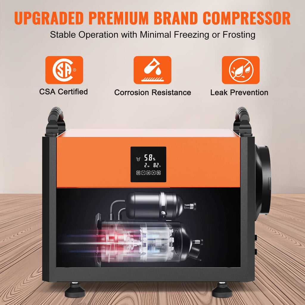 Commercial dehumidifier front view with orange housing, display screen, and fan grille.