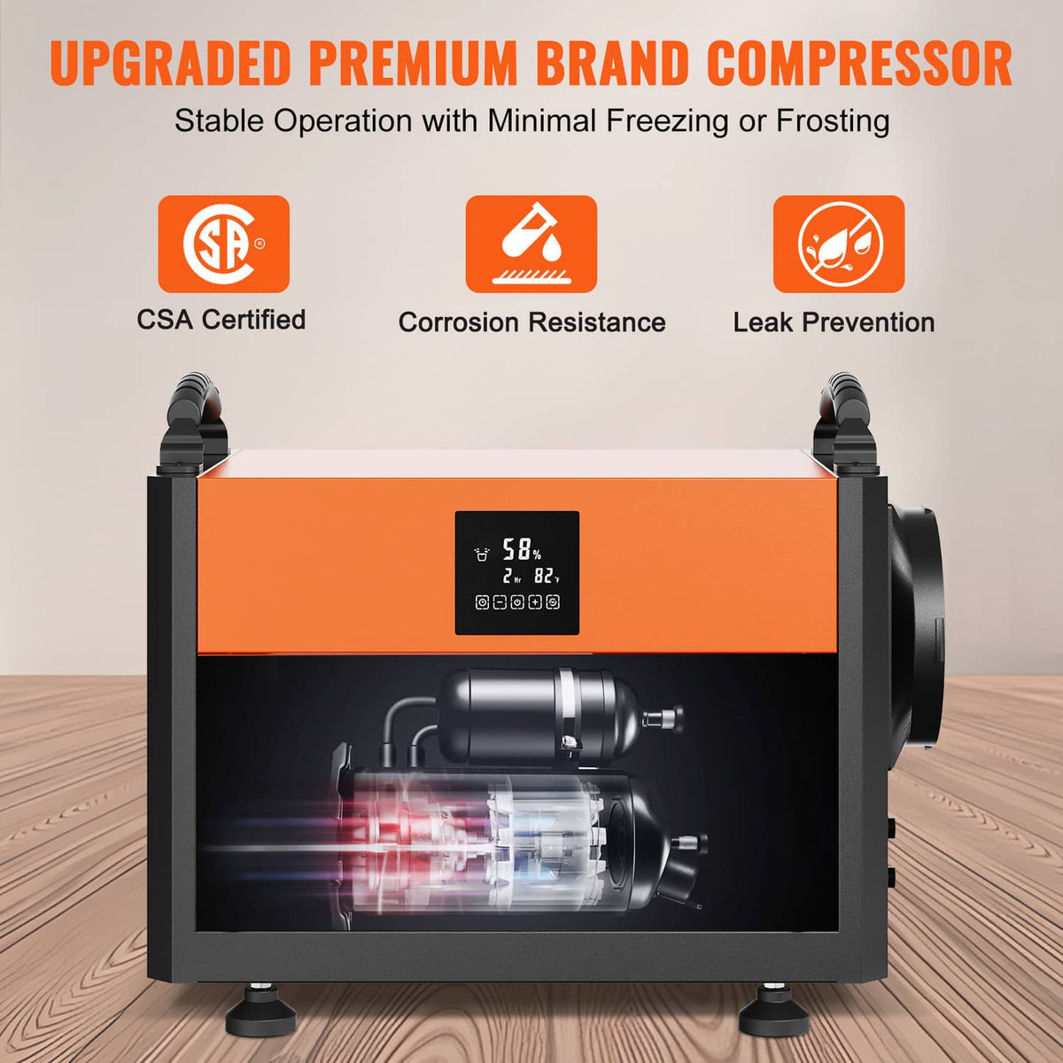 Commercial dehumidifier front view with orange housing, display screen, and fan grille.