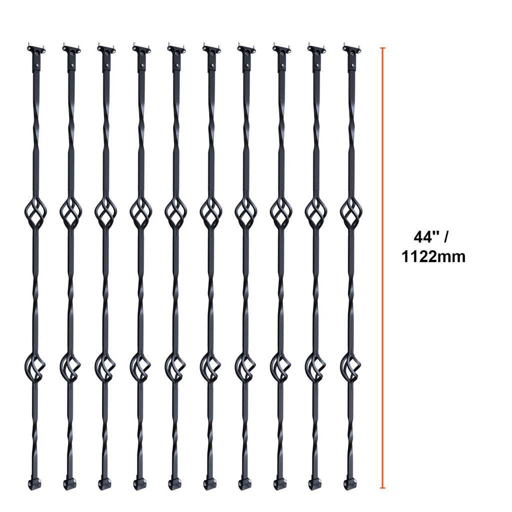 Matte black steel deck balusters, 44 in length, double-basket scroll loops, 10 pcs