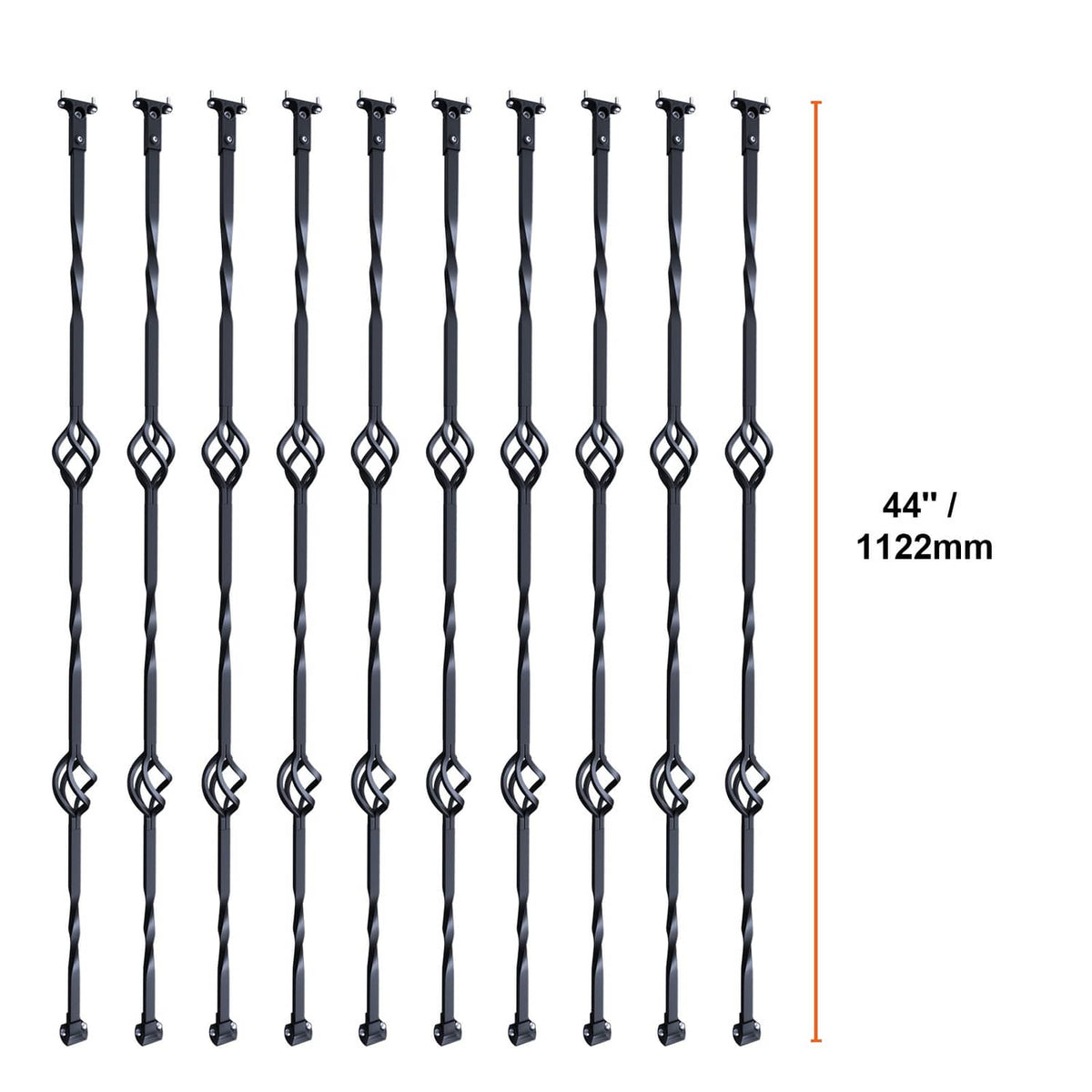 Matte black steel deck balusters, 44 in length, double-basket scroll loops, 10 pcs