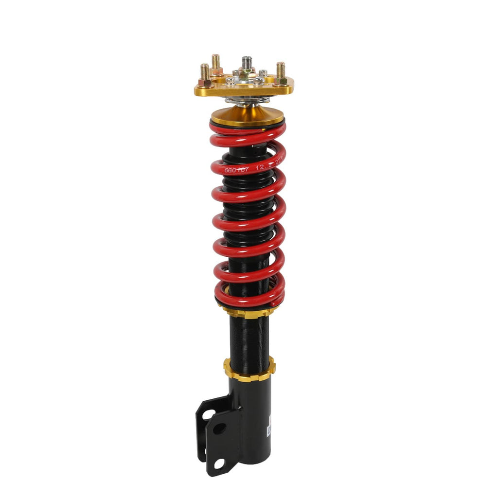 Coilover strut assembly with red spring, gold top mount plate, and black bracket