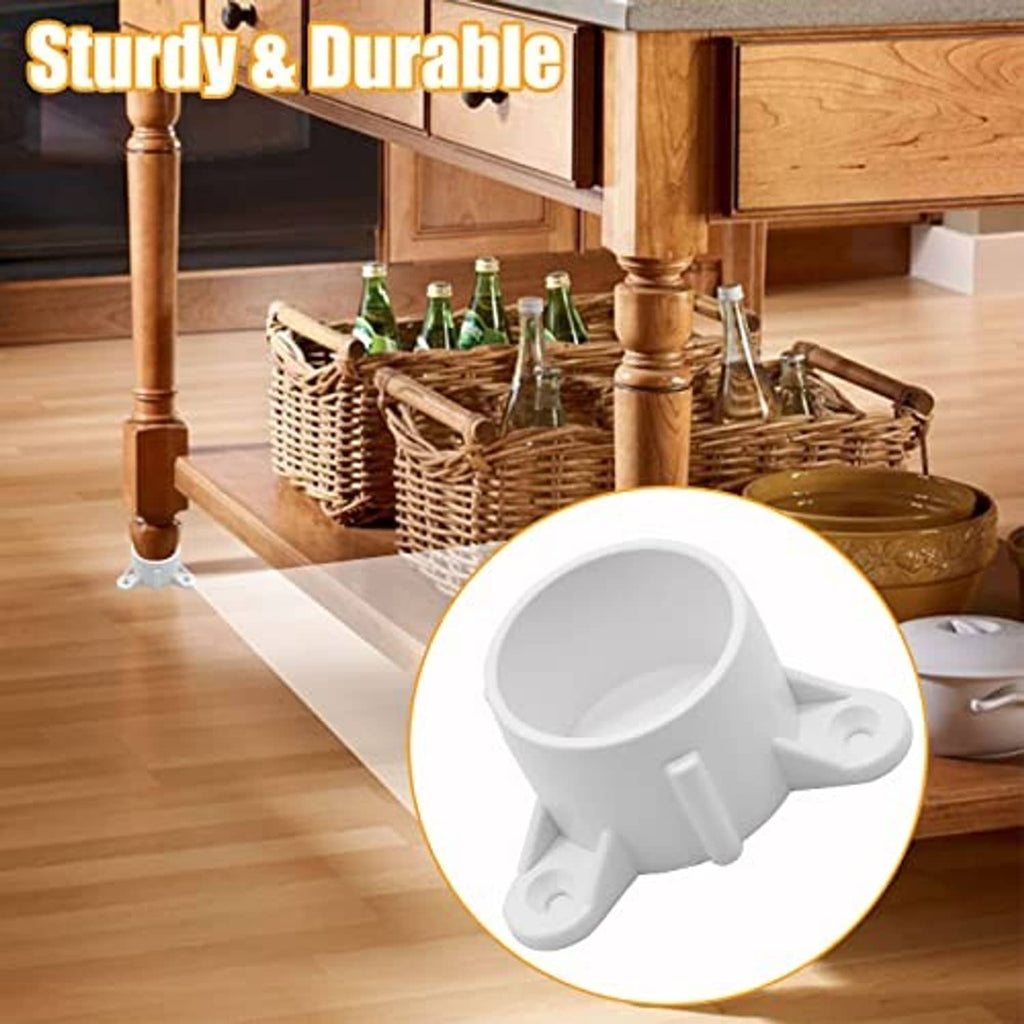 White PVC table leg cap fitting shown on a table leg with screws included