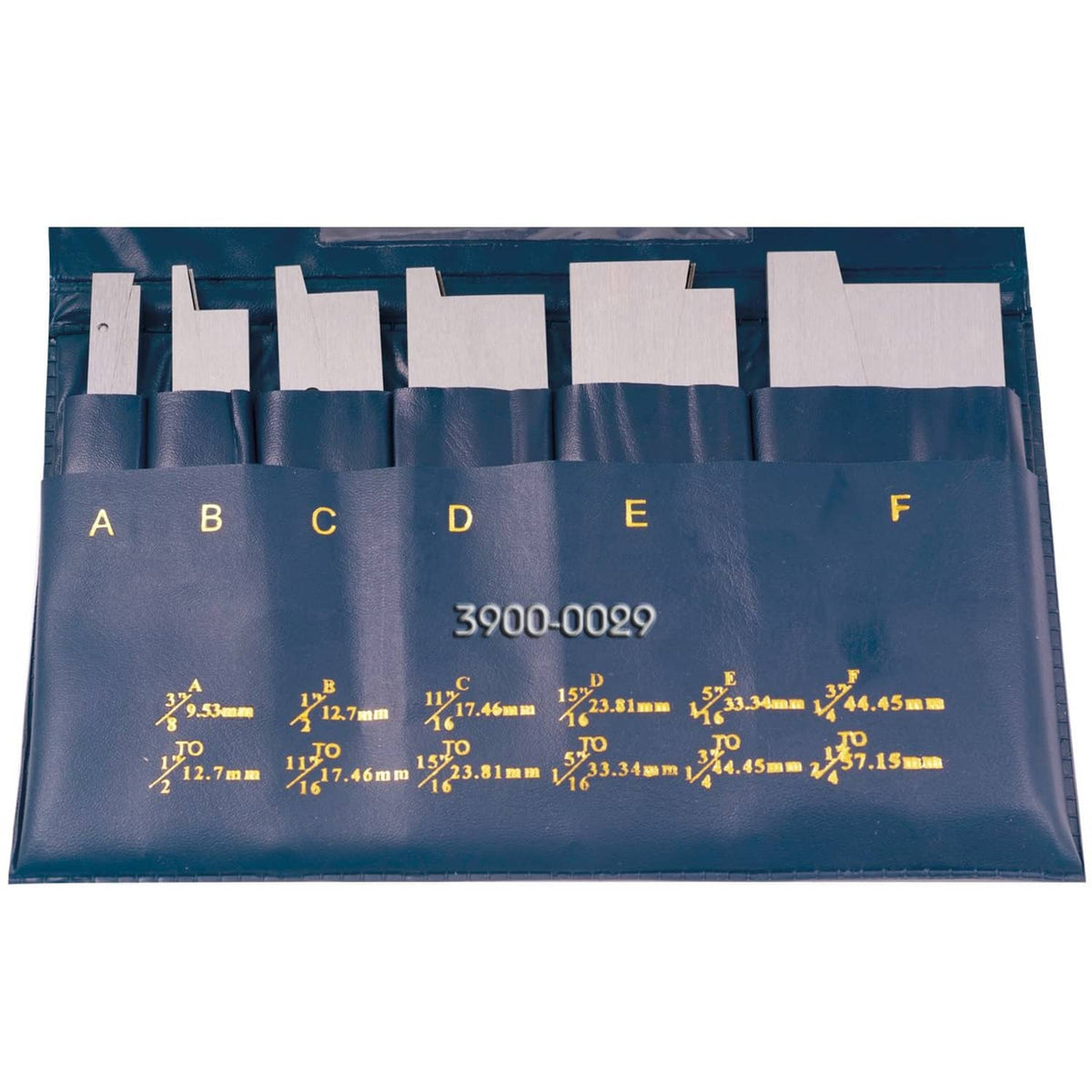 Blue storage pouch for six adjustable parallel blocks, labeled A–F, 3900-0029.