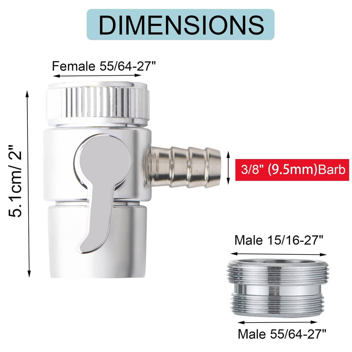 Chrome faucet diverter valve showing 3/8 in (9.5mm) barb and threaded ends dimensions