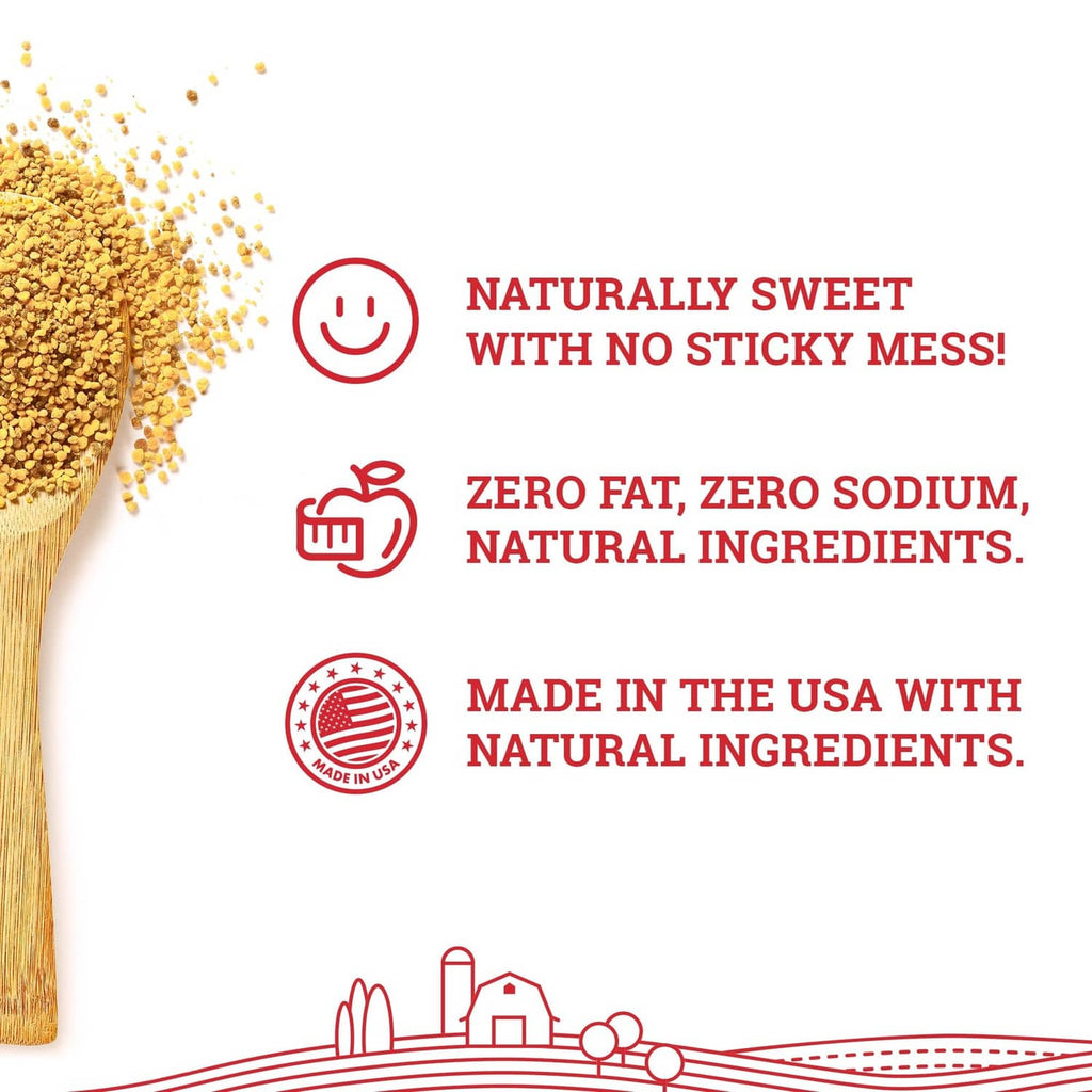 Granulated honey crystals spoon graphic with icons for naturally sweet and no sticky mess