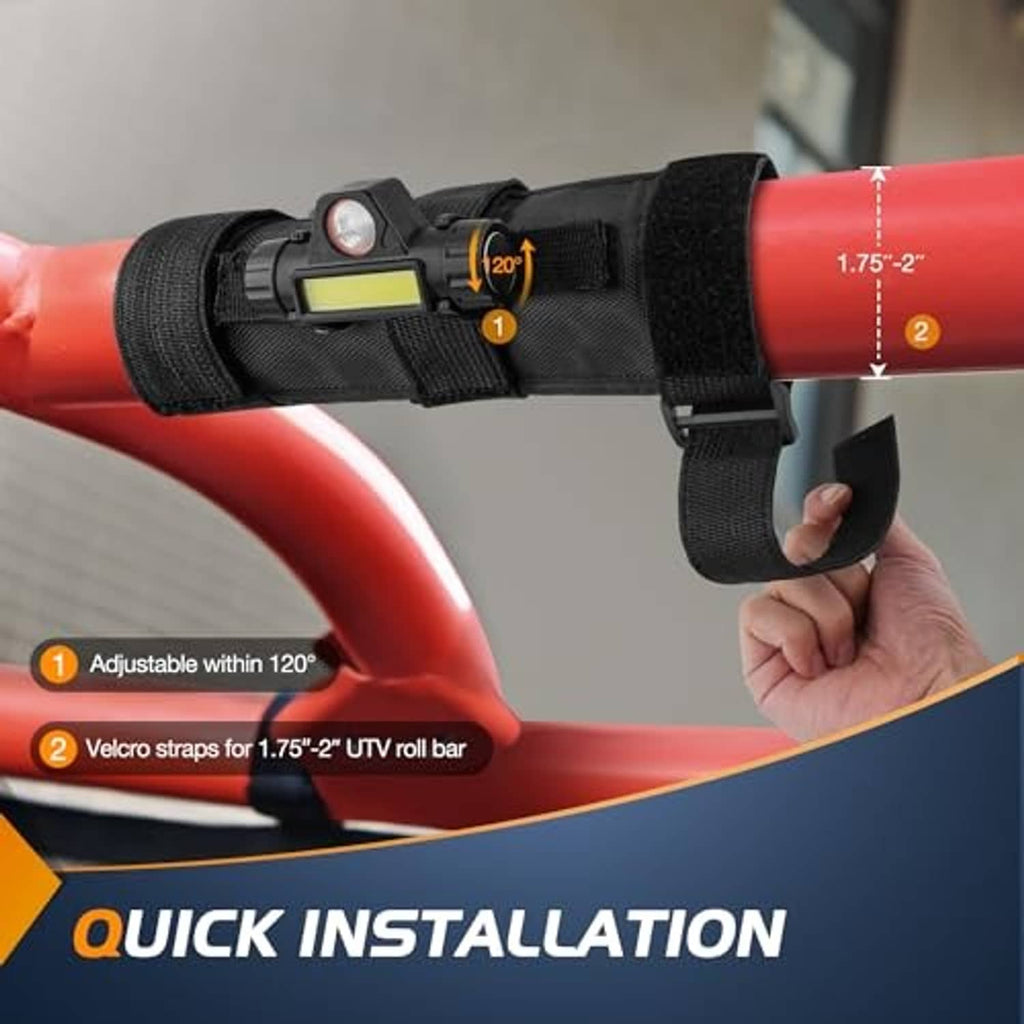 UTV dome light with grab handle strap and yellow LED panel, shown on a red roll bar