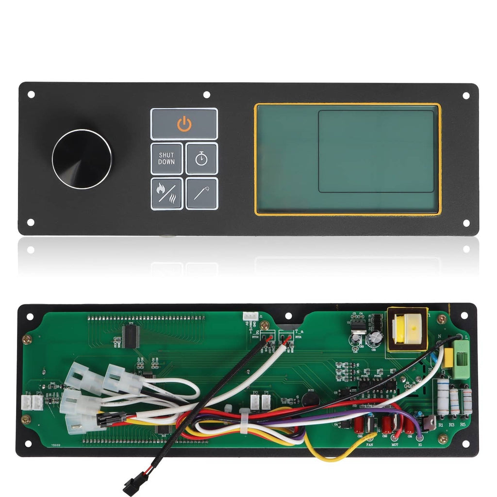 Pellet grill control board with black panel, knob, button keypad, and green LCD screen