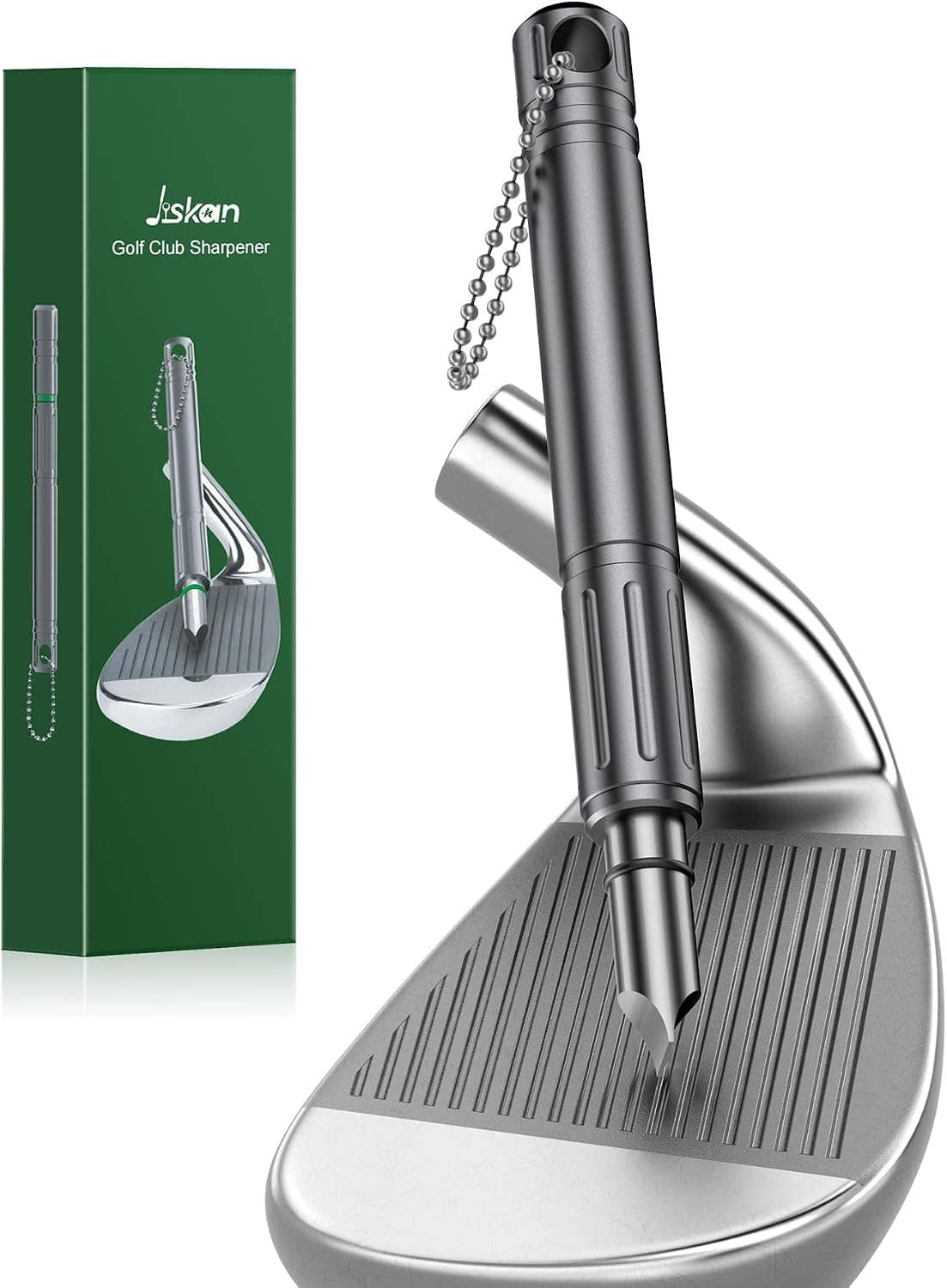 Golf club groove sharpener tool with chain over a wedge face