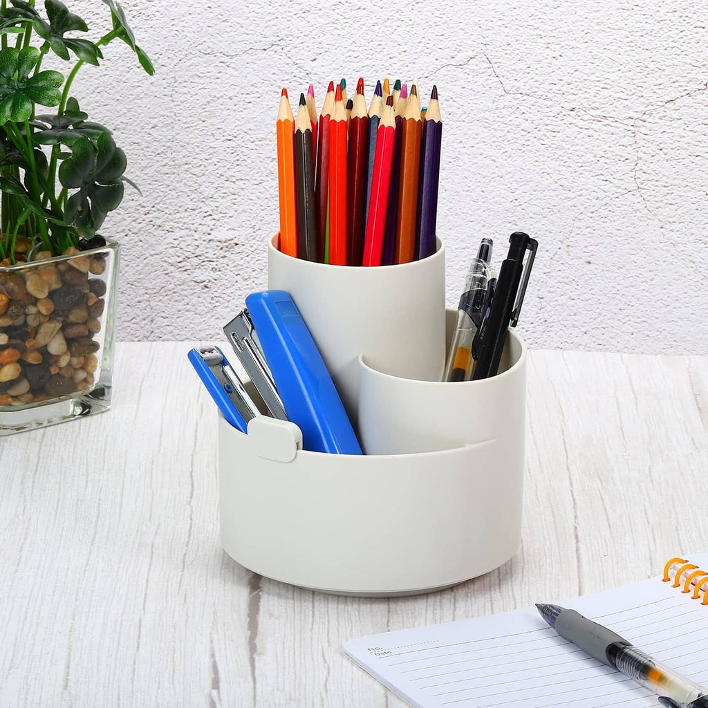 Rotary off-white pen holder holding pencils and markers, 3-slot desk organizer
