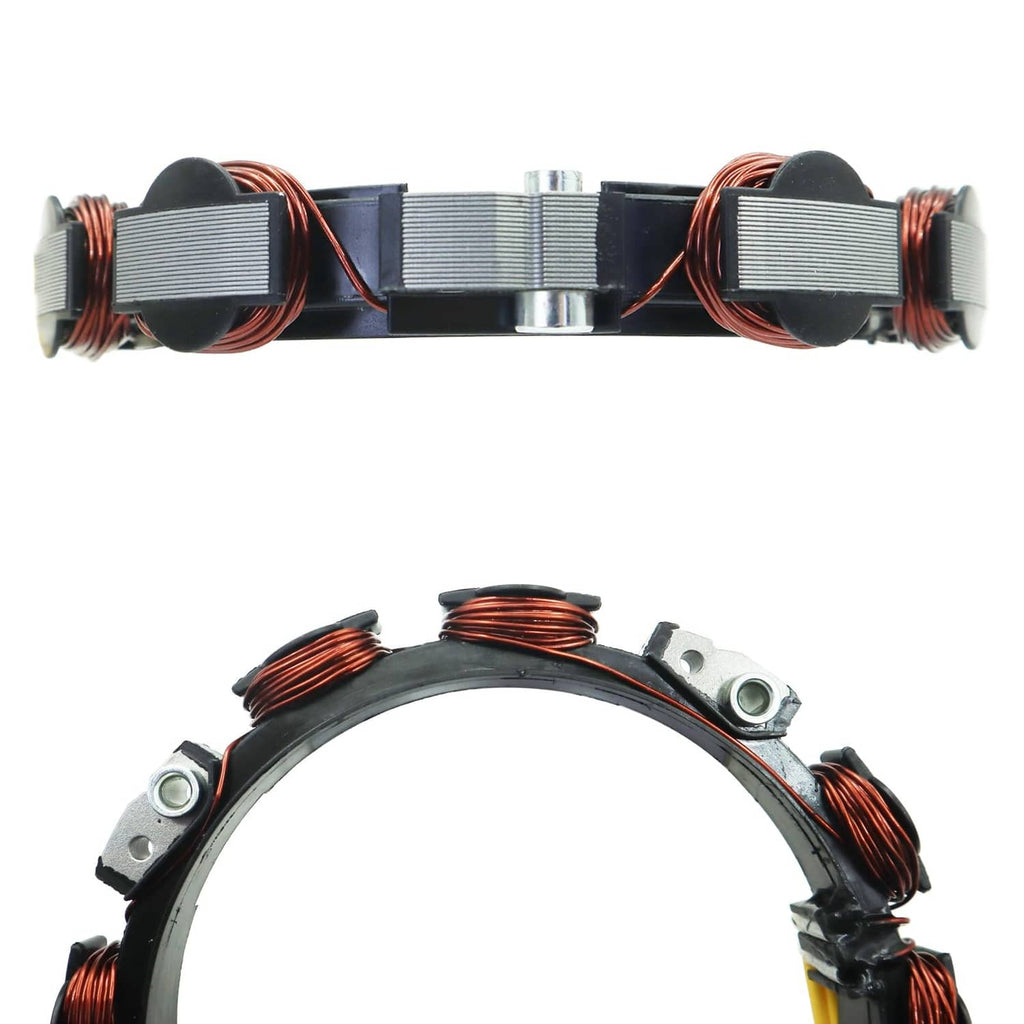 Alternator stator with black coil modules, copper windings, and wire harness