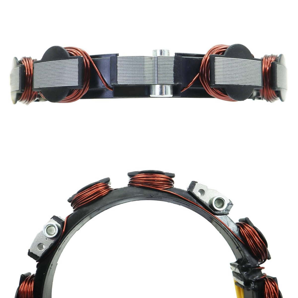 Alternator stator with black coil modules, copper windings, and wire harness