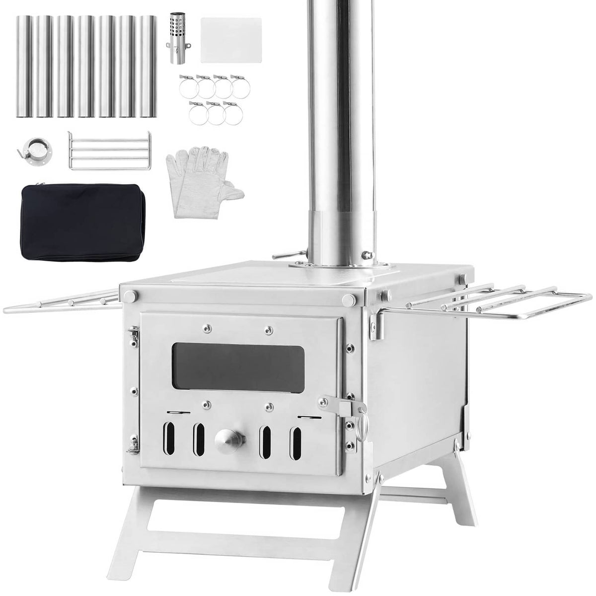 Portable wood stove with chimney pipe, firebox door, and included parts