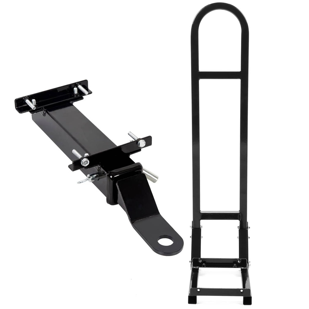 Black rear footrest with hitch mount brackets and upright U-shaped grab handle
