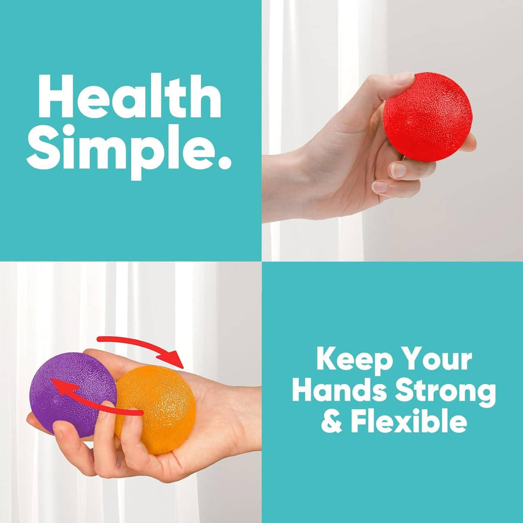 Hand-held red textured stress ball with orange and purple balls below.