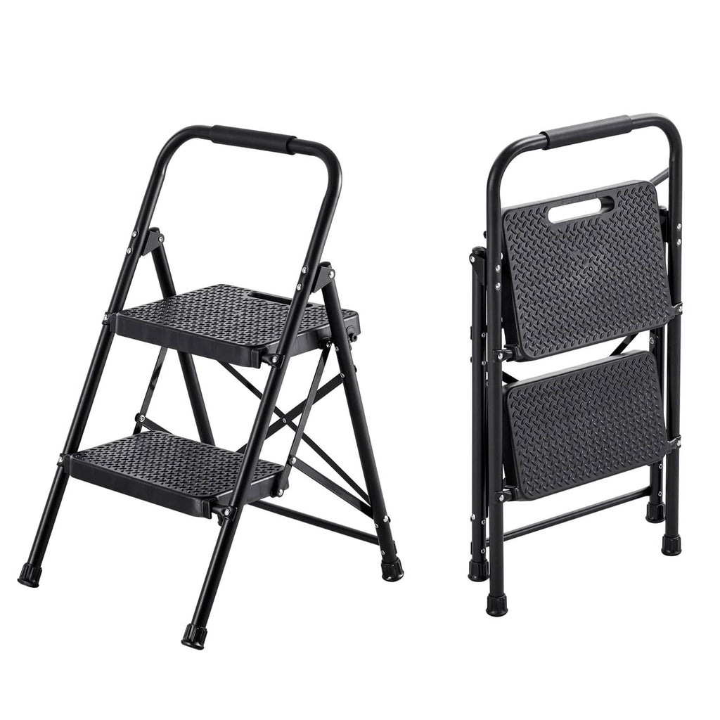 2-step folding steel ladder with wide textured non-slip steps and top handrail