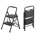2-step folding steel ladder with wide textured non-slip steps and top handrail