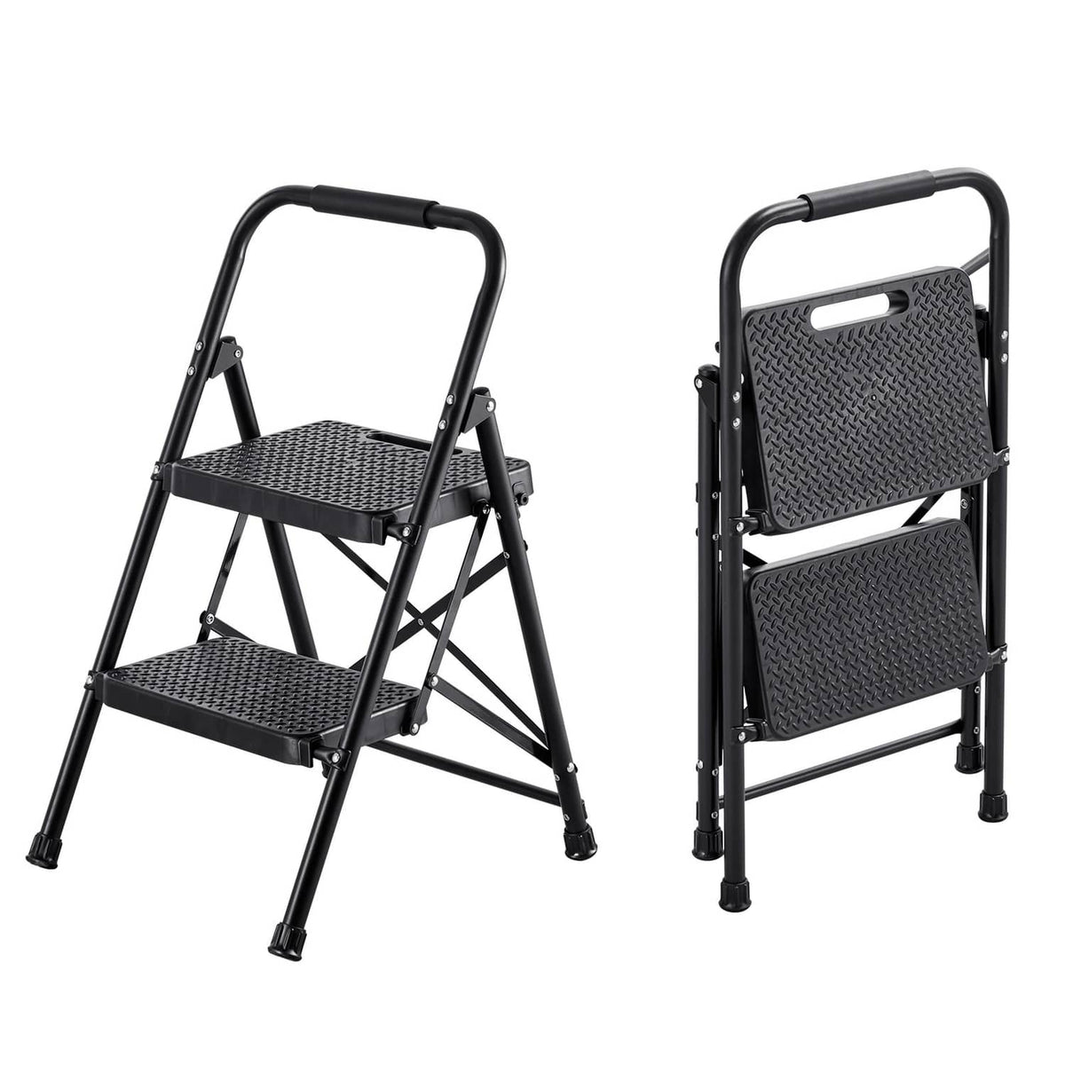 2-step folding steel ladder with wide textured non-slip steps and top handrail