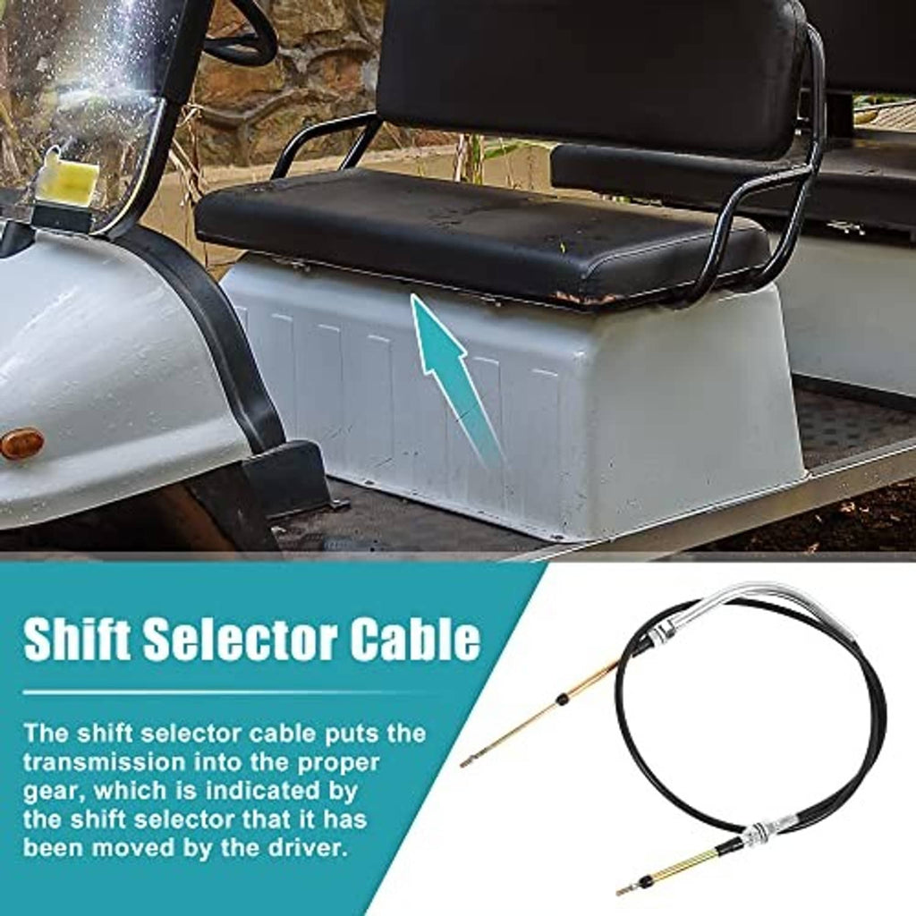 Shift selector cable with black outer jacket and gold inner wire, installed on golf cart.