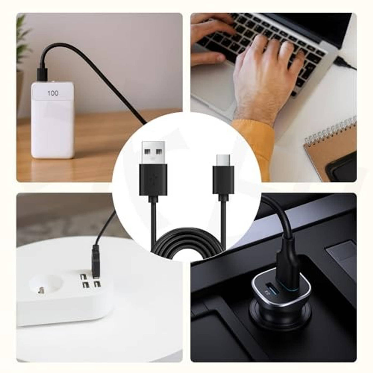 Black charging dock with connected USB cable and adapter plug