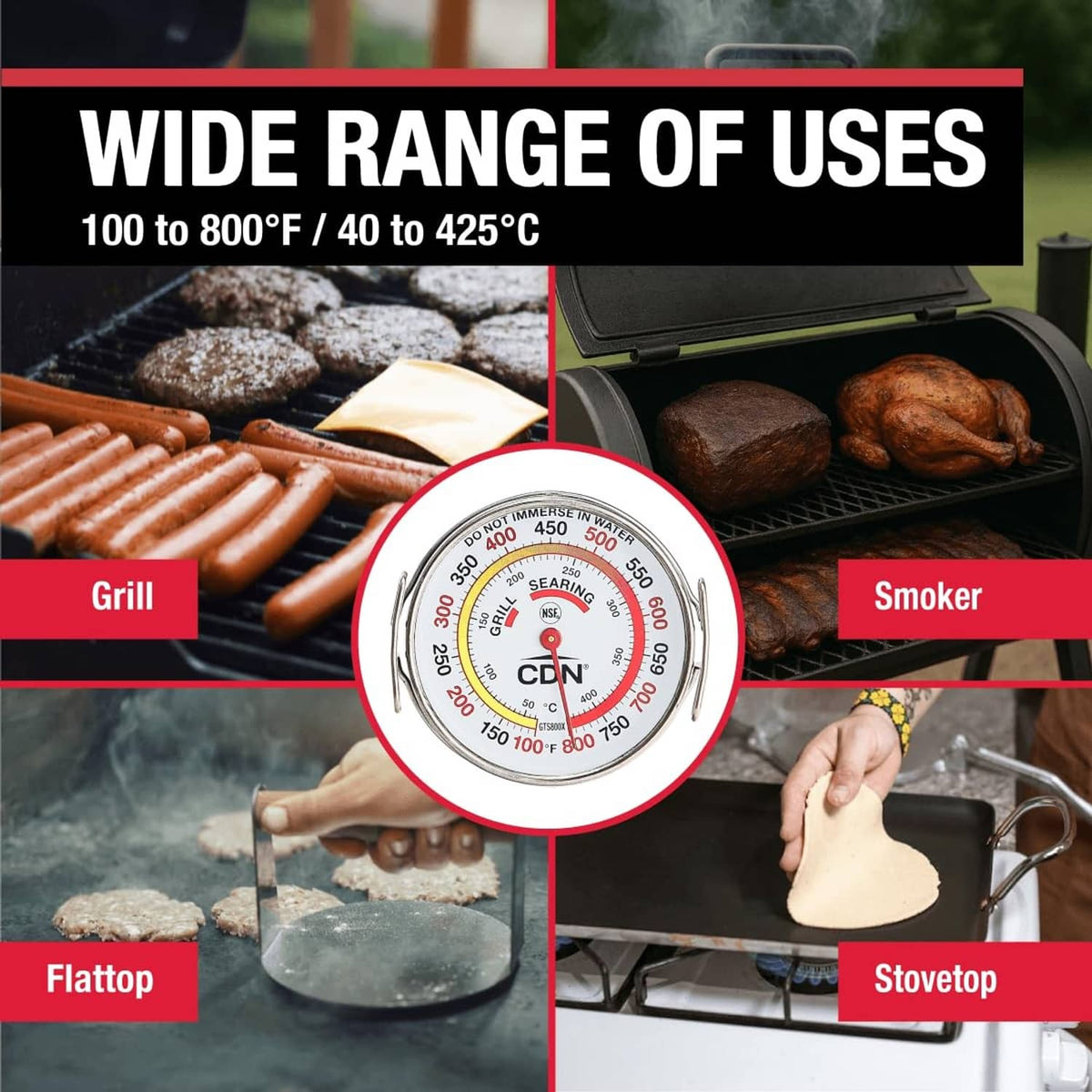Grill surface thermometer dial showing wide 100 to 800°F temperature range