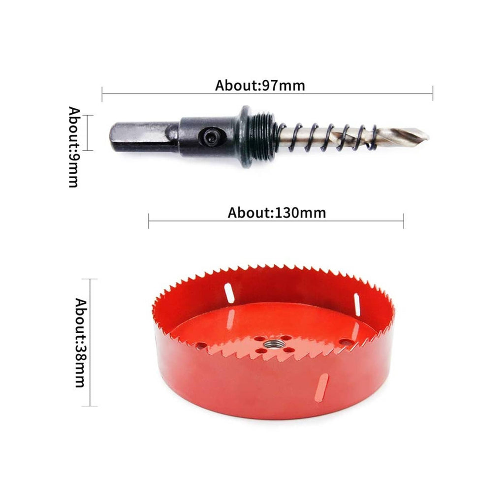 Red hole saw cutter with arbor assembly, shown with length and width measurement lines