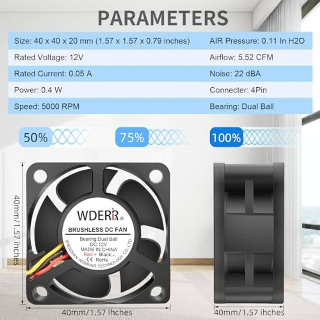 Black 40mm PWM PC cooling fan shown front and side with specs panel
