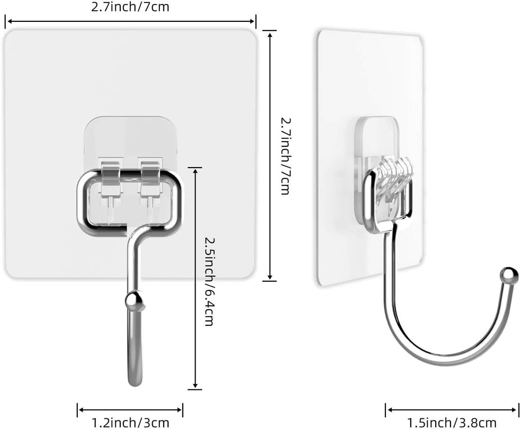 Wall hook dimensions: square adhesive plate with curved metal hook and ball end