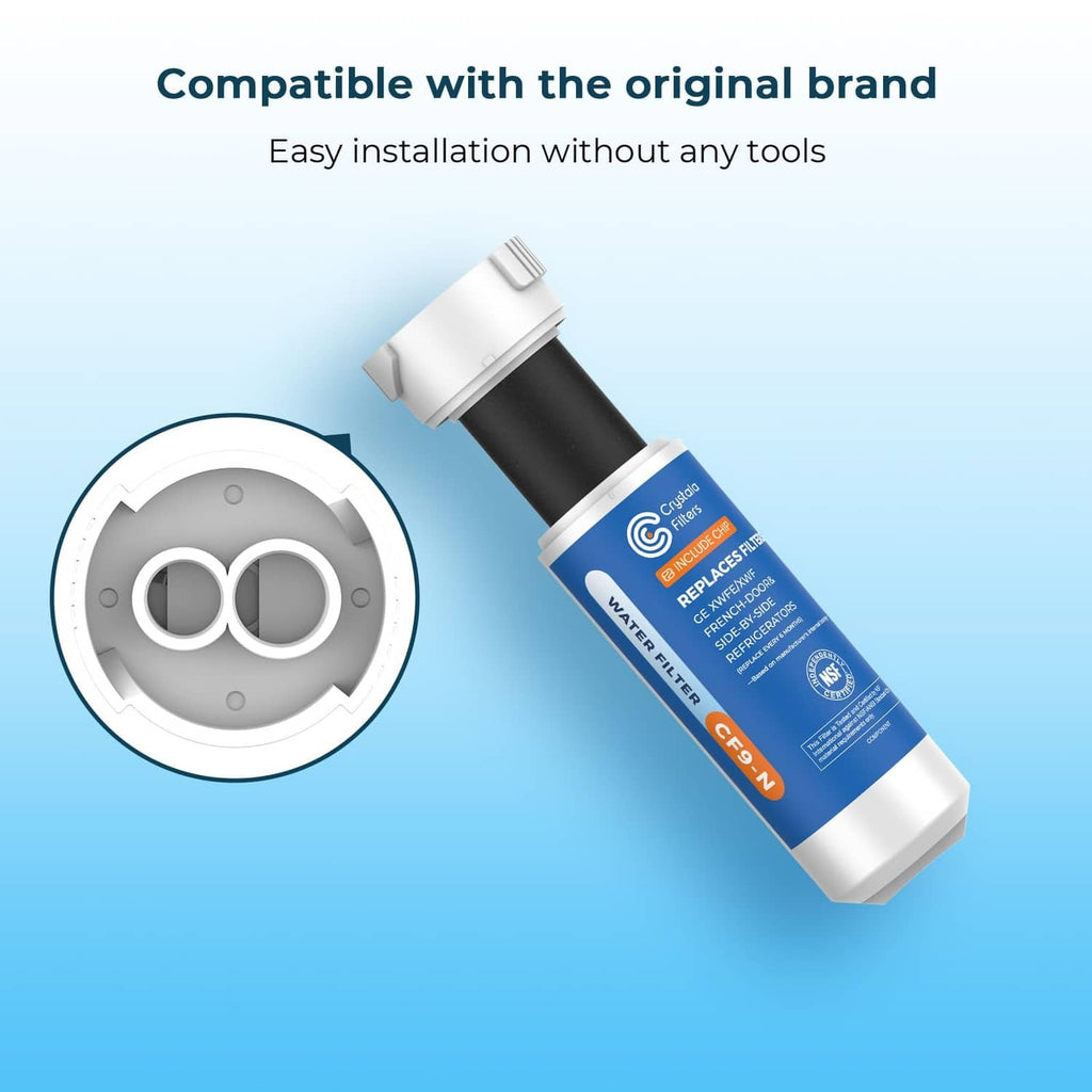 Refrigerator water filter cartridge with cap, shown with compatibility installation cutaway
