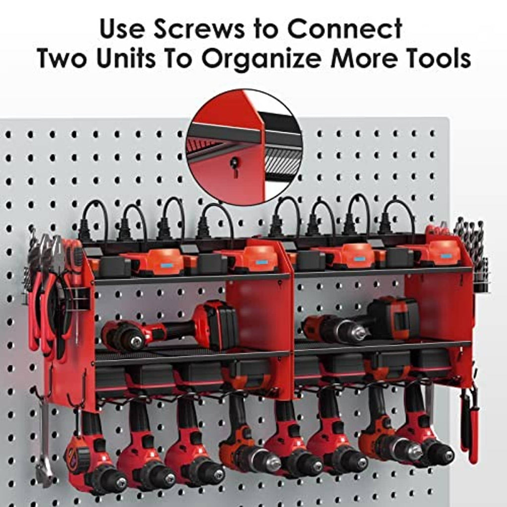 Red modular tool organizer wall mount with two connected units and tools stored on hooks