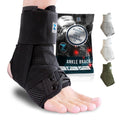 Black lace-up ankle brace with adjustable support strap on foot