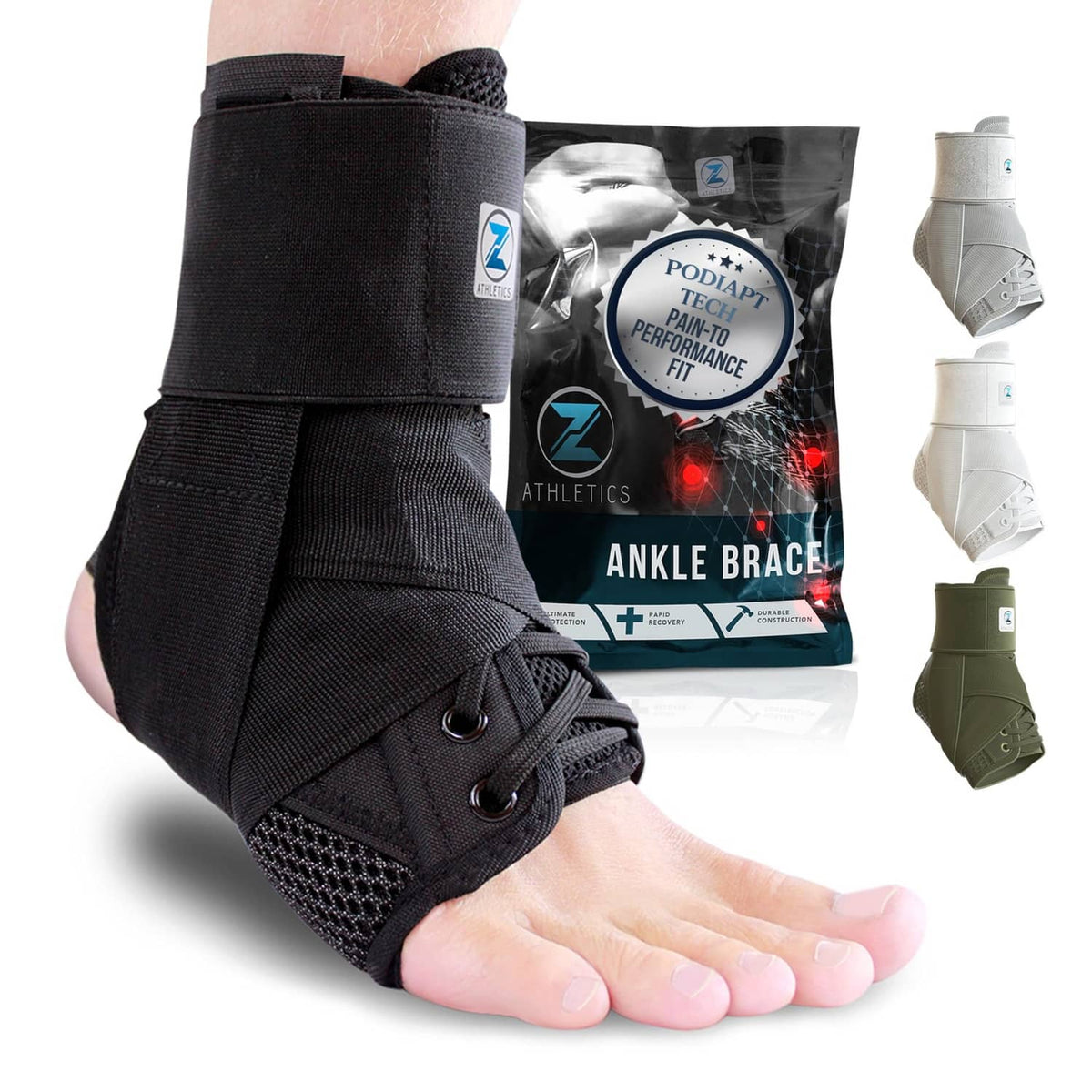 Black lace-up ankle brace with adjustable support strap on foot