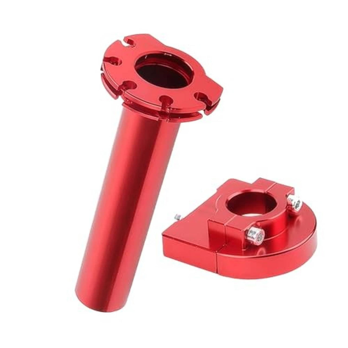 Red motorcycle throttle handle and clamp, angled view with circular mounting opening