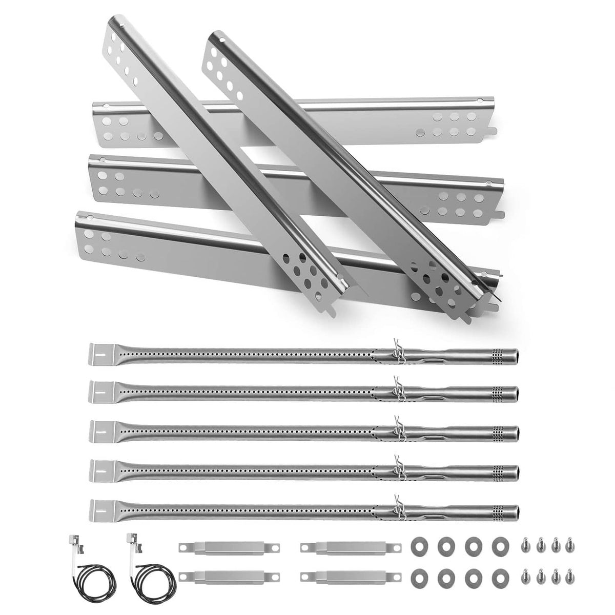 Stainless steel grill burner tubes and brackets with mounting hardware