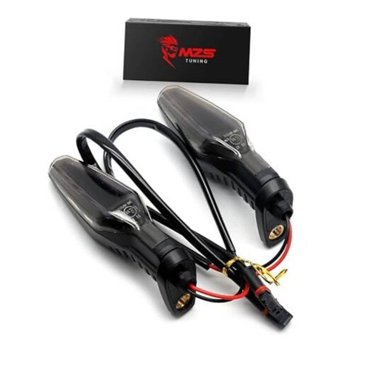 Pair of motorcycle turn signal lights with smoked amber lens and black housing, wired