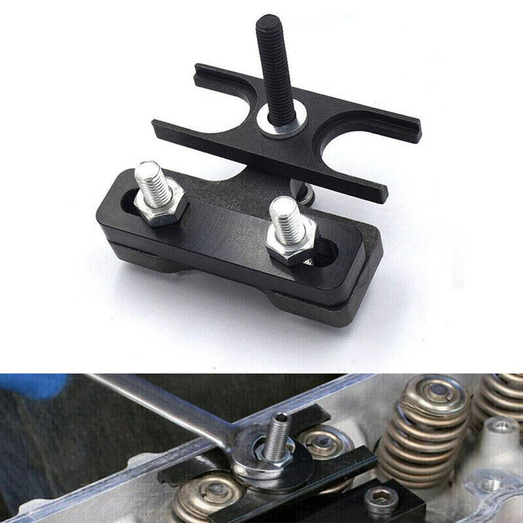Valve spring compressor tool with black base plates and center threaded screw rod