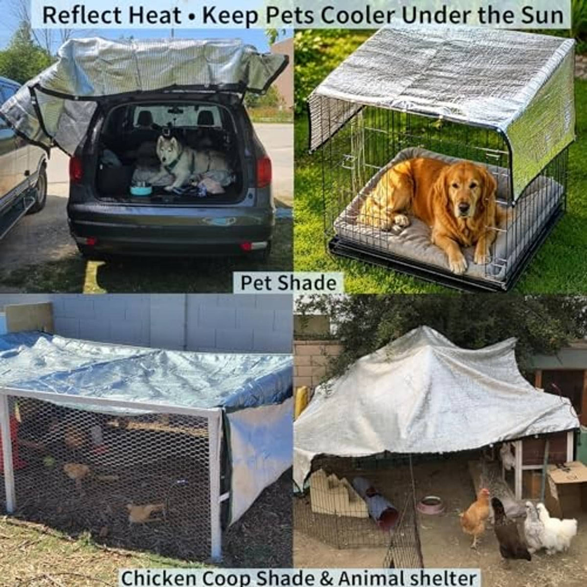 Silver reflective shade cloth shelter covering a pet enclosure and kennel frame