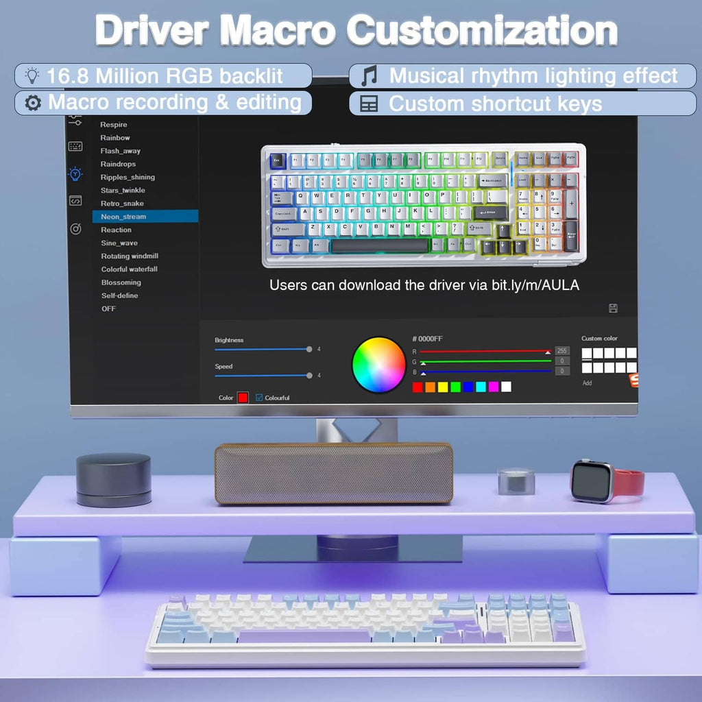Mechanical keyboard with RGB backlight and on-screen driver macro customization.