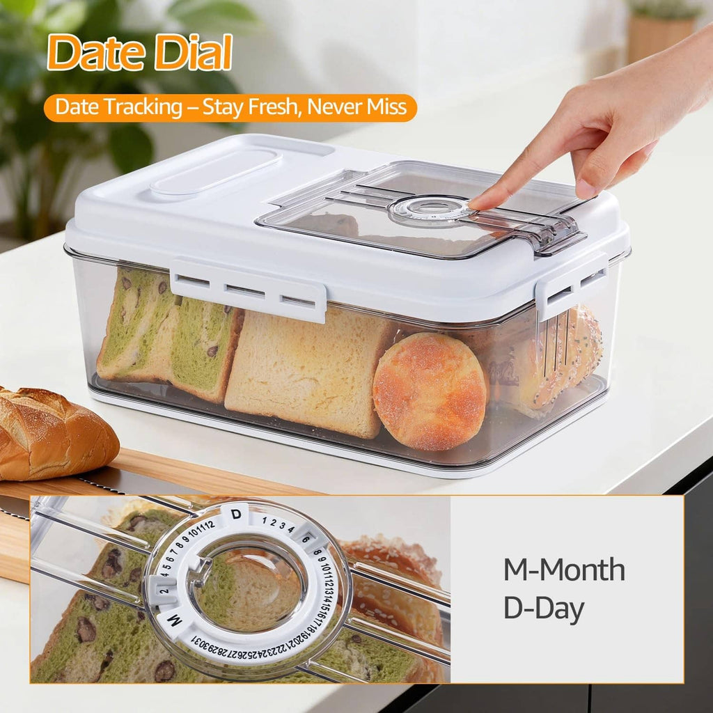 Transparent bread box with date dial on the hinged lid