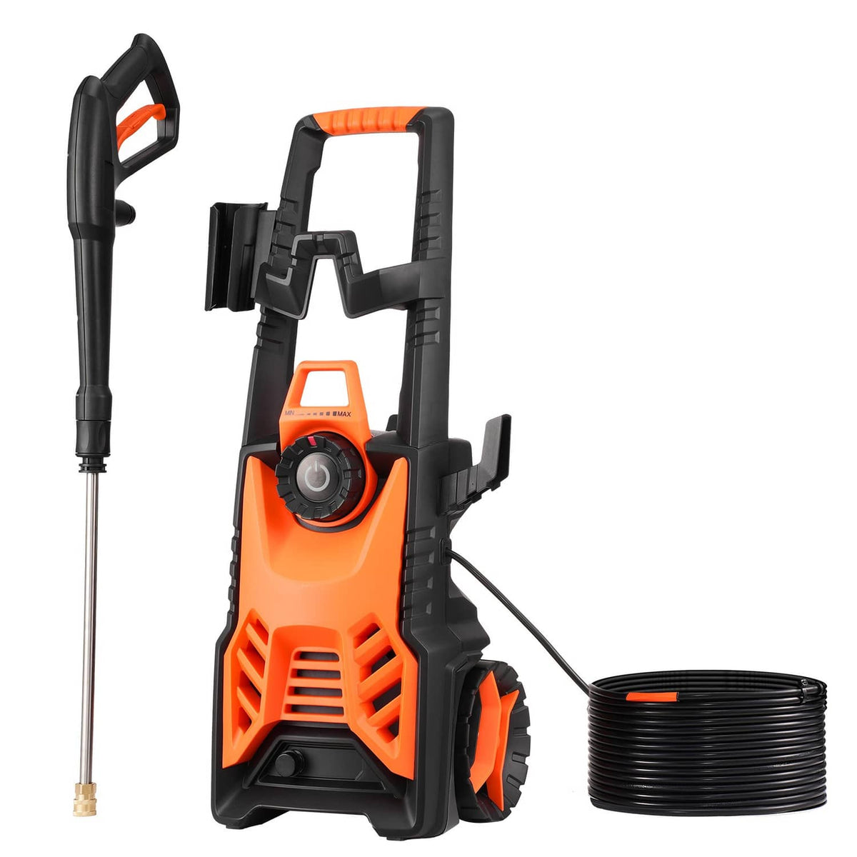 Electric pressure washer with orange control dial, black frame, spray wand, coiled hose