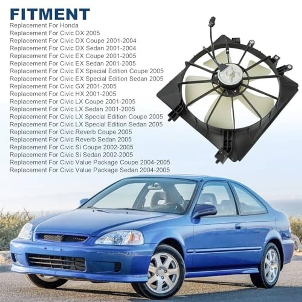 Engine radiator cooling fan assembly with black shroud and white multi-blade fan