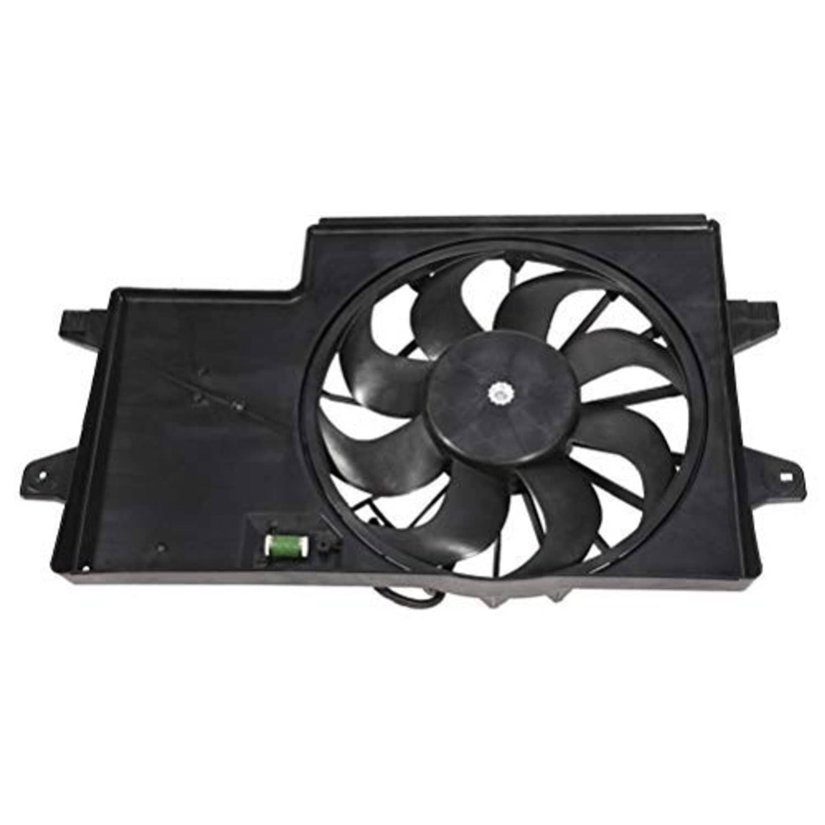 Radiator cooling fan assembly with black fan blades and side mounting brackets