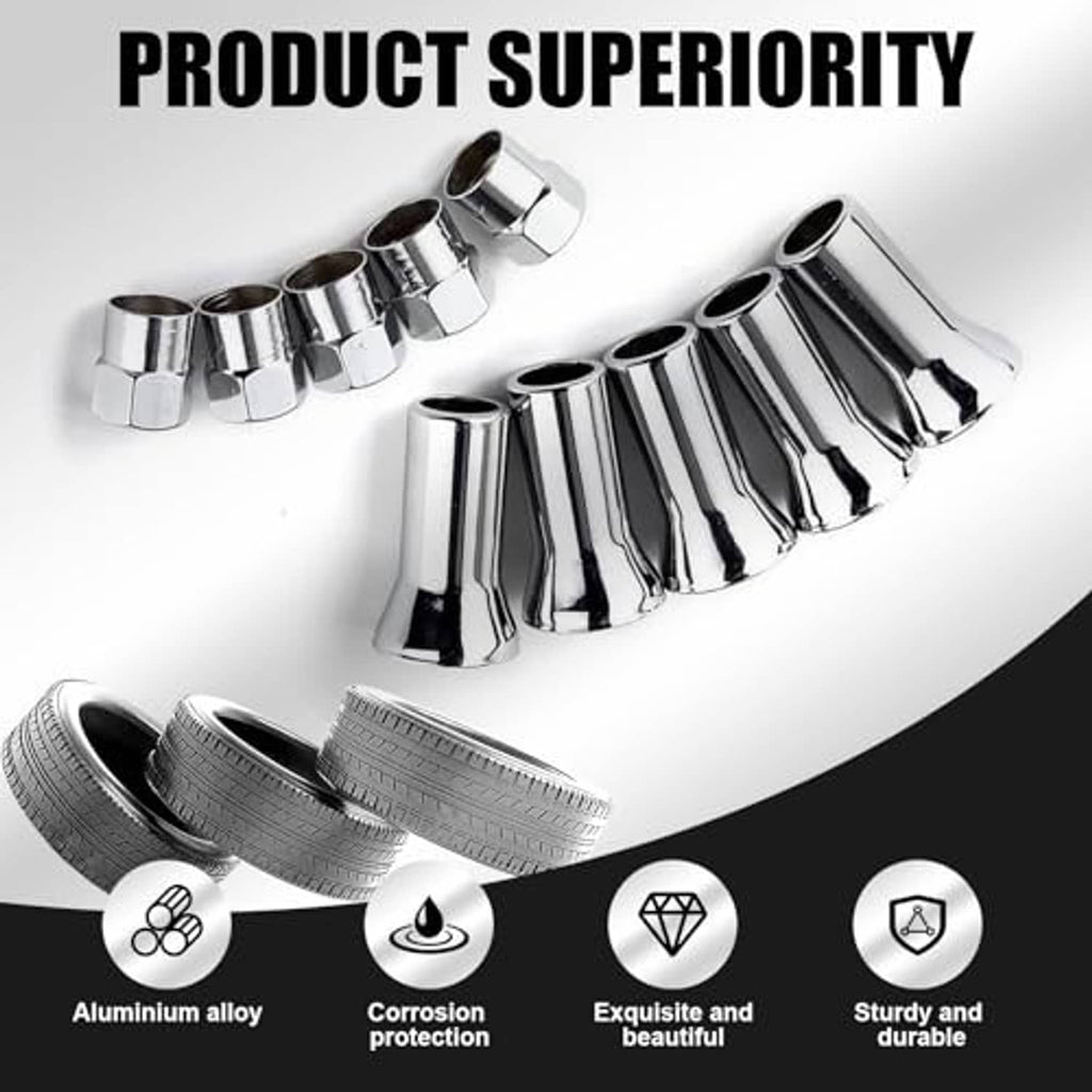 Chrome tire valve stem sleeve and cap set with multiple hex caps displayed