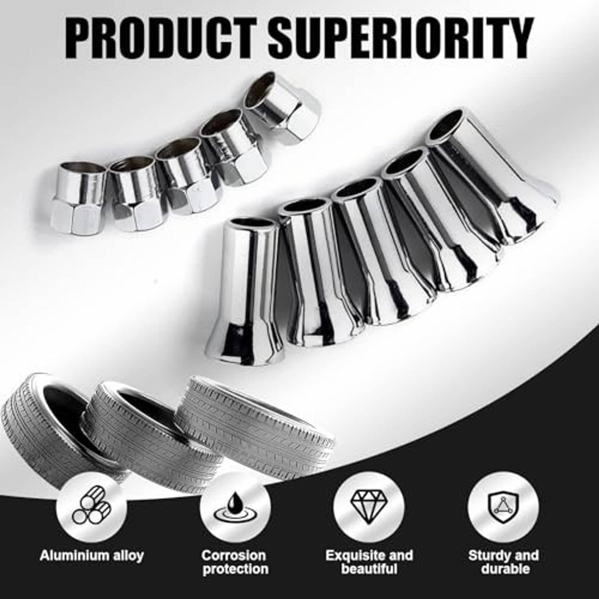 Chrome tire valve stem sleeve and cap set with multiple hex caps displayed