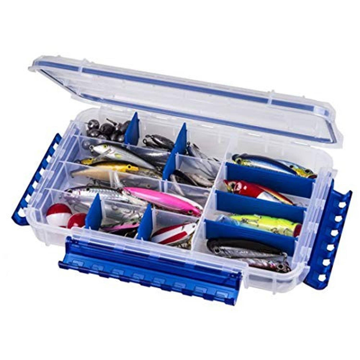 Opened waterproof tackle organizer box showing clear compartments holding assorted fishing lures.