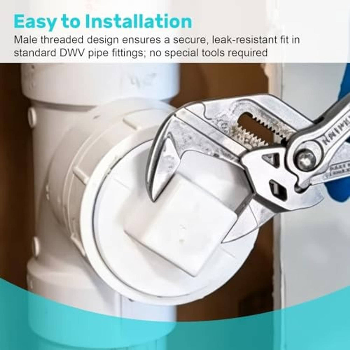 White PVC threaded cleanout cap fitted onto a drain pipe fitting