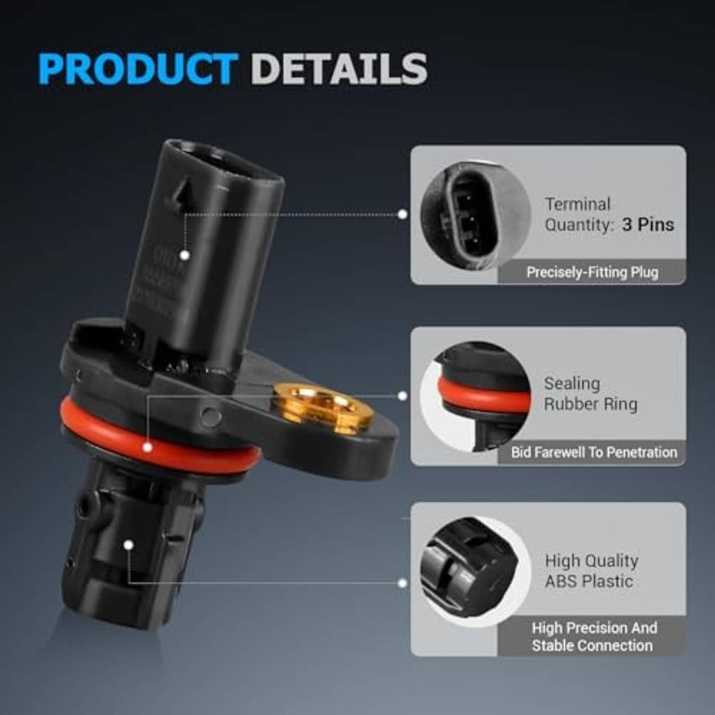 Camshaft position sensor details showing 3-pin plug and orange sealing ring